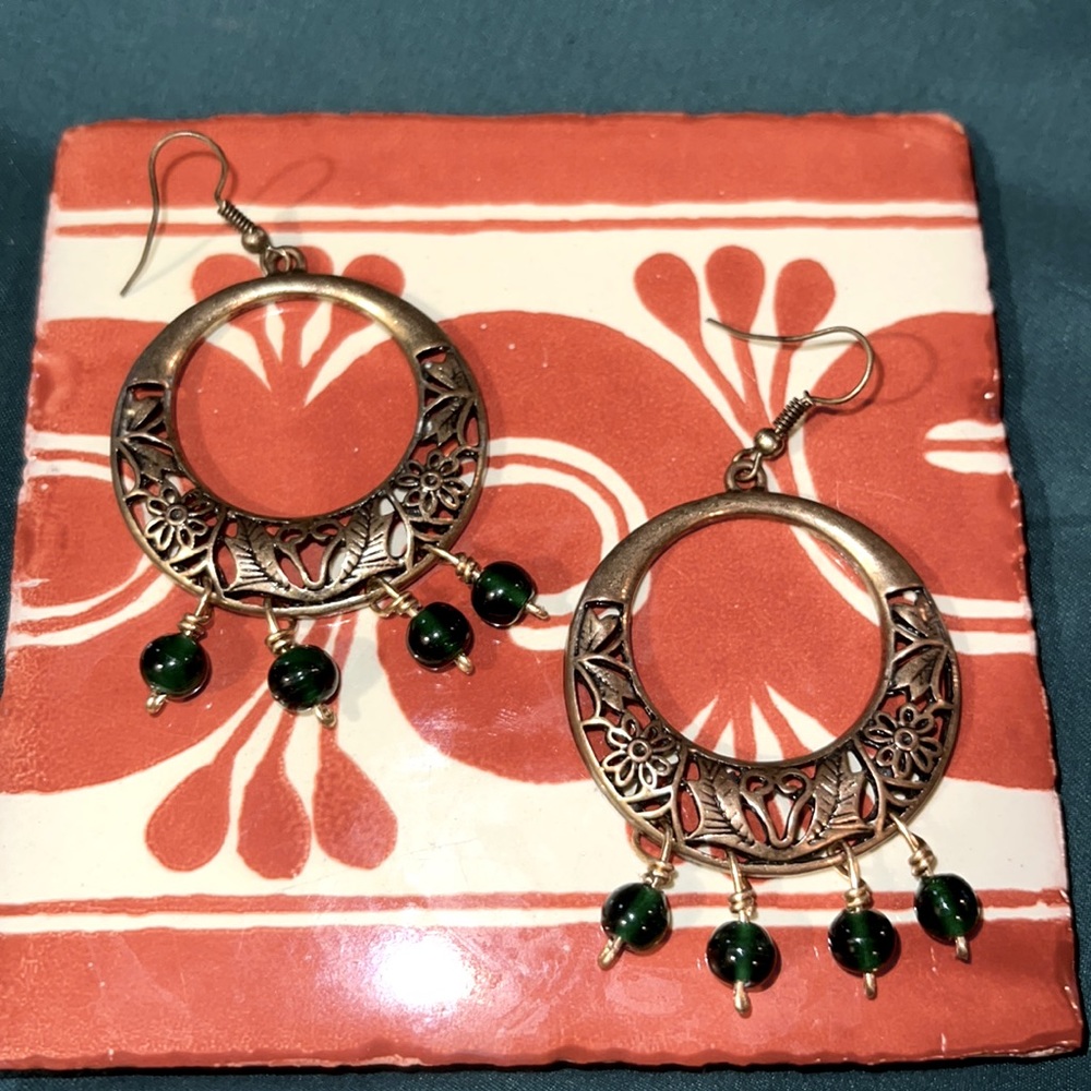 Bronze Floral Green Beaded Earrings